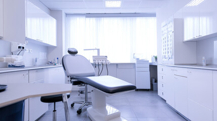 Modern dental office with sleek design, featuring a comfortable patient chair, bright lighting, and organized workspace, creating a clean and professional atmosphere.