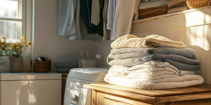 Stacks of clean clothes organized in a utility room showcase neatness and order, highlighting the importance of having clean clothes readily available in a well maintained utility room.