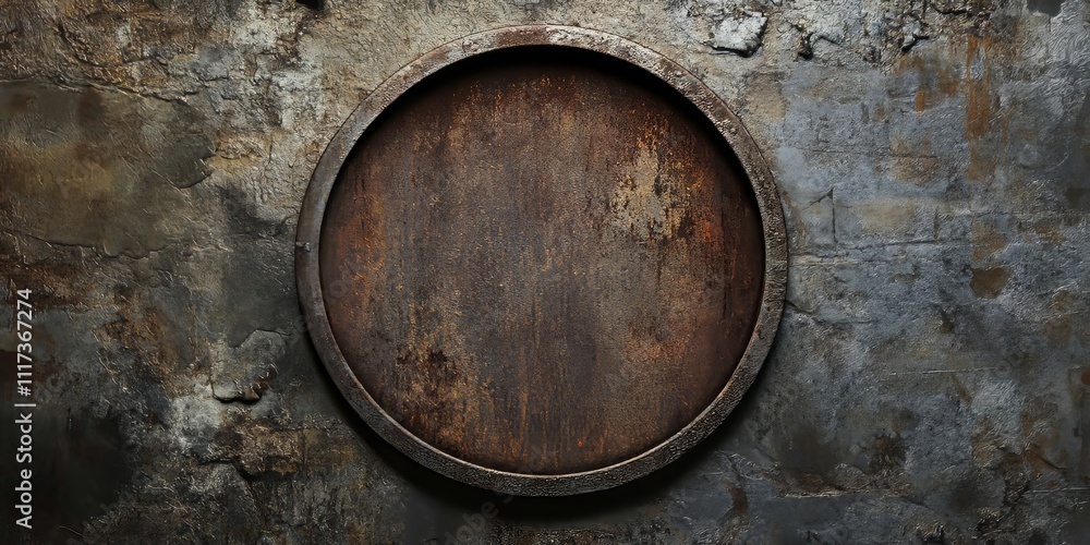 Poster vintage background featuring an aged metal texture within a round frame, perfect for adding a classi