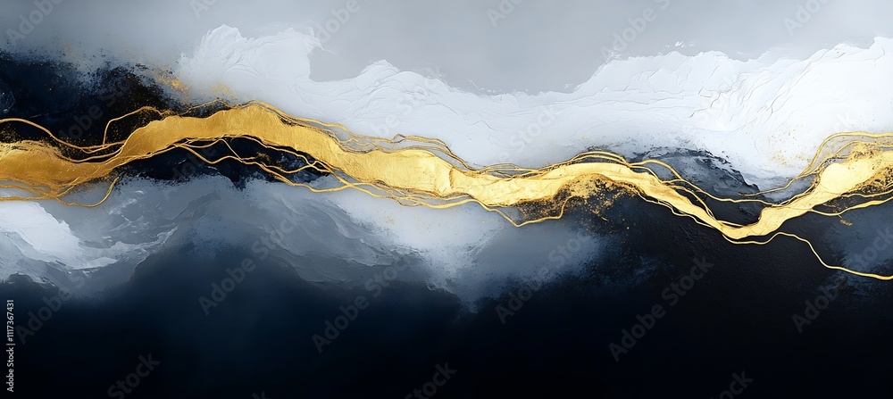 Leinwandbilder elegant abstract gold and white swirl on dark background with flowing waves design : generative ai