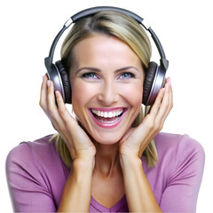Fototapeta premium happy woman wearing headphones enjoying music on white