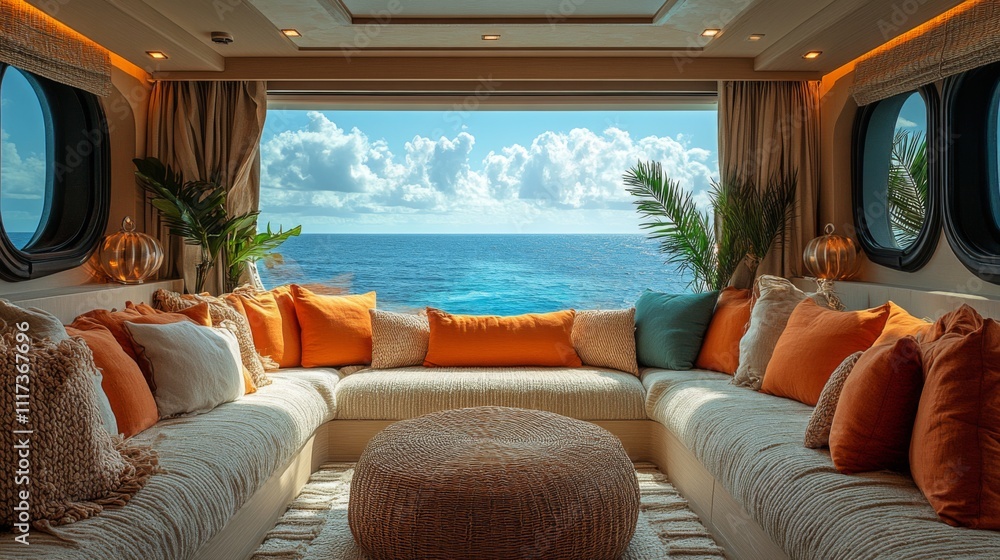 Poster a beautifully arranged lounge space features a panoramic ocean view, adorned with comfortable cushio