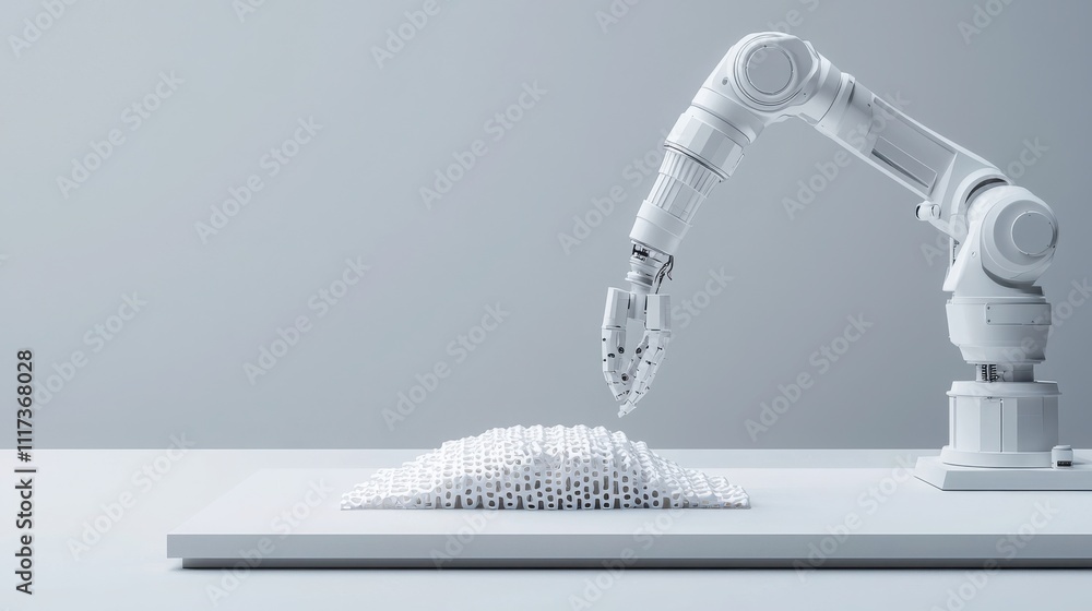 Poster robotic arm assembling flexible polymer sheets in a high-tech lab innovative manufacturing process f