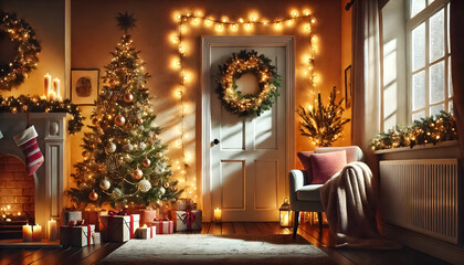 A cozy living room with a wreath on the door and a Christmas tree twinkling in the corner.
