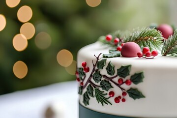 Elegant Christmas Cake with Festive Decorations and Bokeh Lights