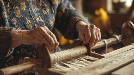 Distaff Day Elderly hands skillfully weaving yarn on a traditional loom in rustic workshop setting