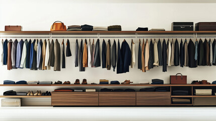 Modern closet with neatly organized clothing and accessories, showcasing diverse colors and styles on wooden shelves and racks.