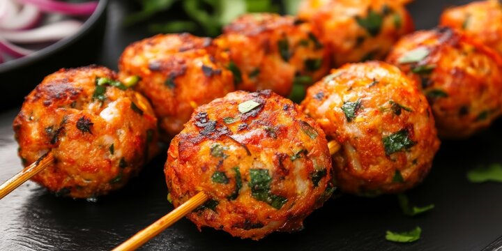 Delicious fish meatballs served on skewers, showcasing the vibrant and appetizing presentation of fish meatballs. Enjoy the unique flavors of these fish meatballs prepared in a satai style.