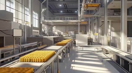 Modern factory interior with automated production line and conveyor belts.