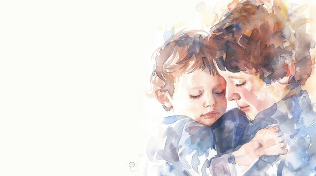 Children Impacted by Parent's Cancer Month Tender bond between mother and child in watercolor art - heartwarming and emotional family connection