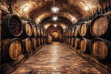 Rustic wine cellar interior featuring wooden barrels and stone walls