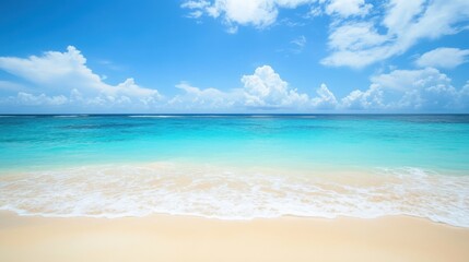 Fototapeta premium Serene beach scene with turquoise water, white sand, and blue sky.