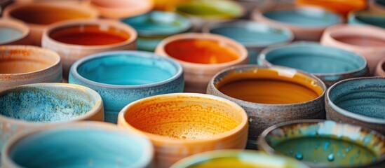 A collection of beautifully crafted ceramic bowls plates and dishes in a arranged display  The handmade pottery showcases a variety of vivid colors intricate patterns and textured surfaces