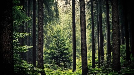 Obraz premium Serene Green Forest With Tall Pine Trees Bathed in Natural Daylight : Generative AI