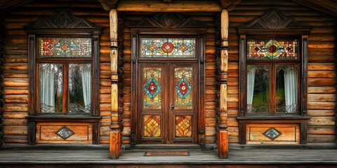 Stained glass windows adorn an aged wooden house, showcasing intricate designs and vibrant colors. These stained glass windows add charm and character to the timeless wooden architecture.