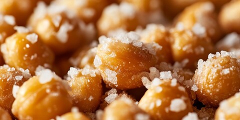 A closeup of crunchy roasted chickpeas, highlighting their salted exterior, perfect for snacking. These crunchy chickpeas make an irresistible treat for anyone seeking a tasty, healthy option.
