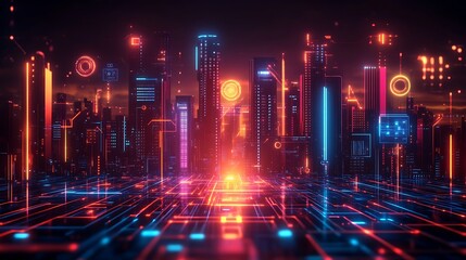 Obraz premium Futuristic cityscape digital horizon 3d render neon lights urban