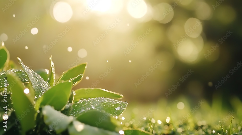 Poster dew covered leaves and sunlit bokeh create morning serenity in nature : generative ai