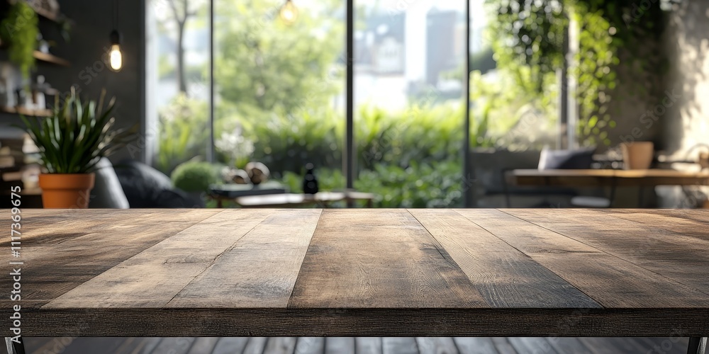 Poster table top view featuring a blurred interior background, creating a captivating focus on the table to