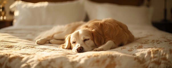 Obraz premium A golden retriever peacefully sleeping on a bed with soft linens.