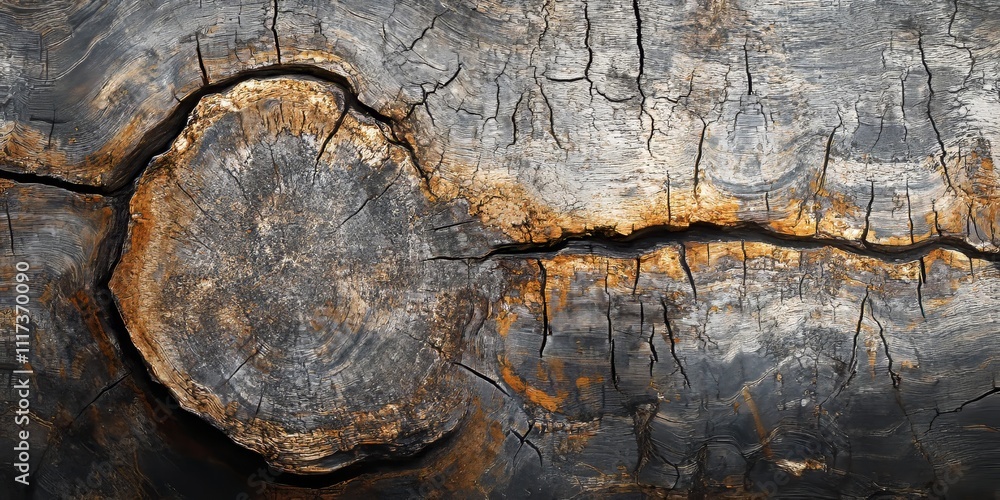 Poster close up texture showcasing the grunge and weathered features of a tree trunk s cross section, highl