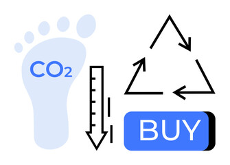 Footprint with CO2, downward arrow, recycling symbol, and buy button. Ideal for sustainability, eco-friendly shopping, carbon footprint reduction, environmental awareness, green marketing, conscious