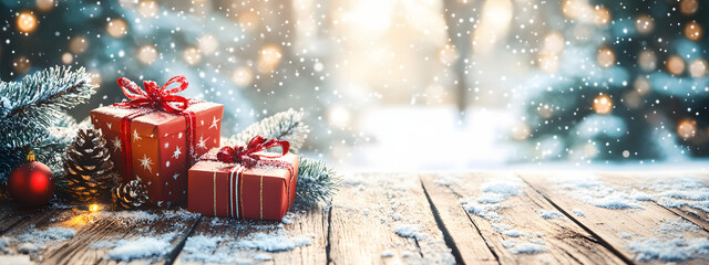 Christmas background with Christmas present boxes on a wooden table, bokeh lights, and decorations on a white snow winter background. Marry Christmas and happy new year banner background