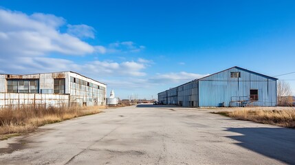 Naklejka premium Empty Warehouse Yard Under Blue Sky with Abandoned Industrial Buildings : Generative AI