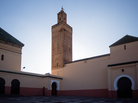 MARRAKECH, MOROCCO - JANUARY 24, 2014: View of the Minaret of the Zawiya of Sidi Bel Abbes 