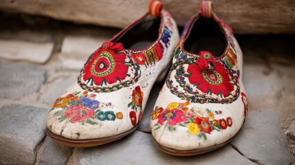 Albania Independence Day Traditional handmade embroidered shoes with floral patterns on stone street
