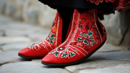 Albania Independence Day Traditional embroidered red footwear on cobblestone street - cultural fashion statement