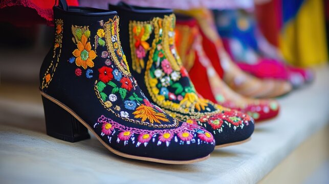 Albania Independence Day Colorful embroidered boots display showcasing traditional folk art fashion design