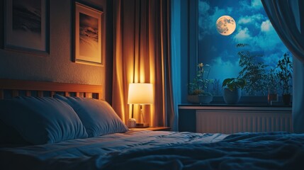 Better Sleep Month Cozy bedroom with moonlit view through window and warm lighting ambiance for relaxation
