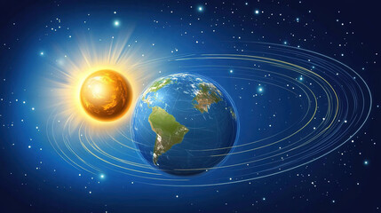 Earth axis diagram illustration showing the tilt of the Earth's rotational axis relative to its orbital plane, explaining the cause of seasonal changes and the distribution of sunlight.