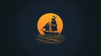 A silhouette of a sailing ship against a large orange moon over wavy water.
