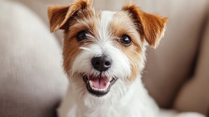 Chip Your Pet Month Happy dog with tongue out and fluffy ears relaxing on a sofa at home