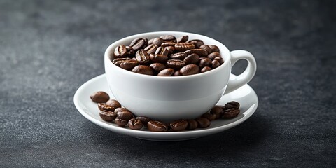 Fototapeta premium Roasted coffee beans displayed in a white cup accompanied by a saucer, set against a dark gray backdrop, highlight the rich texture and aroma of roasted coffee beans.