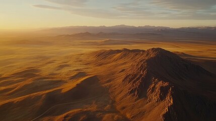 Aerial view of a vast desert landscape at sunset, showcasing mountains and rolling terrain.
