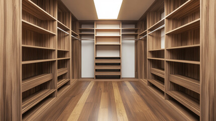 Obraz premium Spacious, elegant wooden walk-in closet with ample shelving and warm lighting, creating a luxurious and organized storage space.