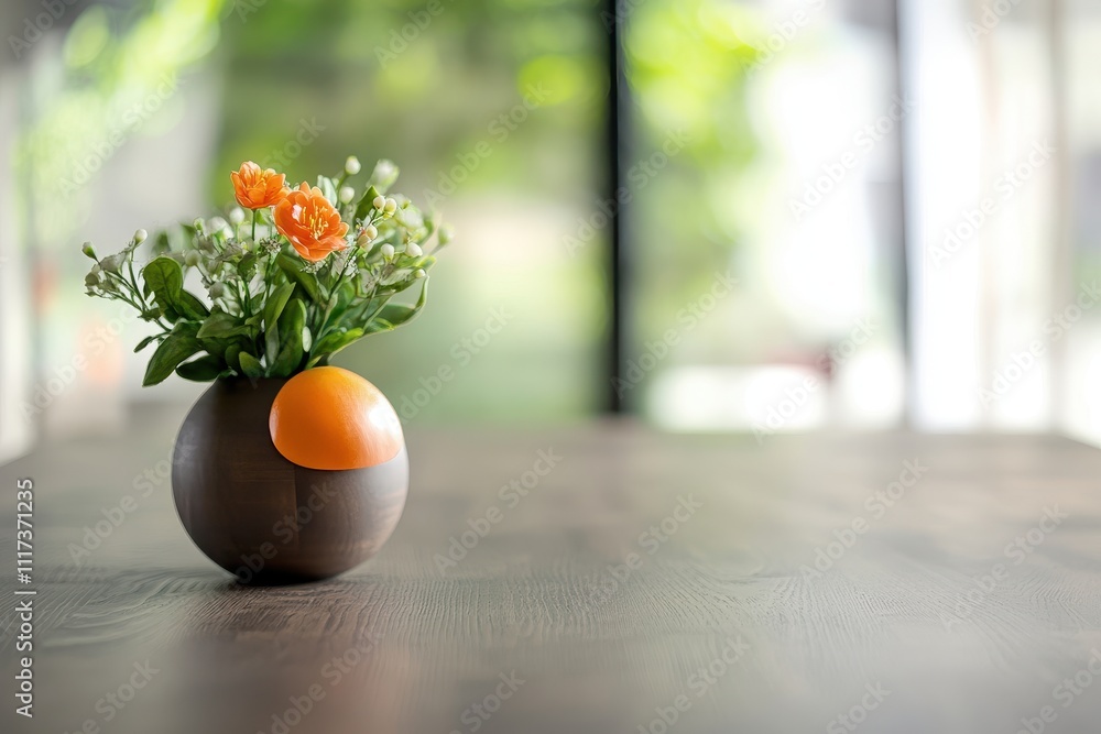 Poster a simple vase with flowers on a wooden table, creating a serene atmosphere.