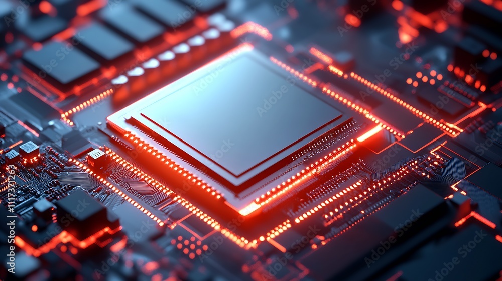 Poster Futuristic Technology Concept of Glowing Microprocessor in a Digital Circuit Board : Generative AI