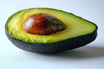 single avocado half with seed on smooth white background symbolizing health and simplicity for veganuary