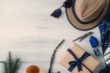 A curated Father's Day setup with stylish hat- glasses- wrapped gift- and tools. Ideal for celebrating dad with a touch of elegance and functionality