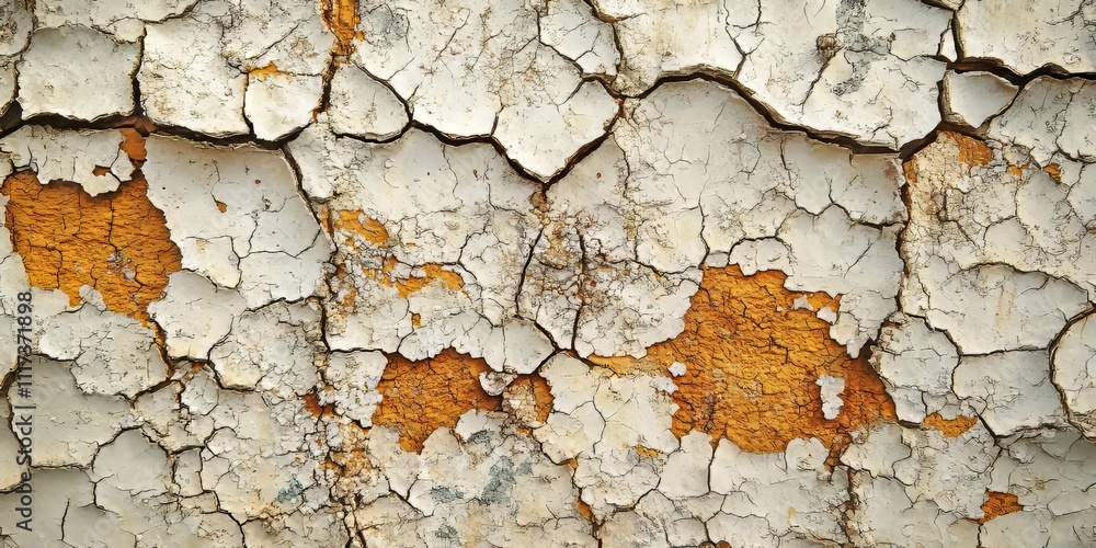 Poster detailed view of cracked paint on a wall, highlighting the unique textures and patterns created by c