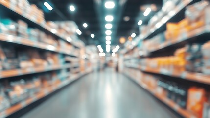 Blurred Grocery Store Aisle with Shelves of Products and Soft Lighting for Abstract Shopping Scene : Generative AI