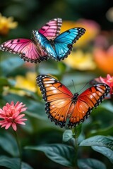 Vibrant butterflies in a lush garden with colorful flowers.