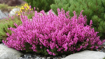 Obraz premium National Heather Day Vibrant pink heather flowers in a rock garden setting for landscaping inspiration