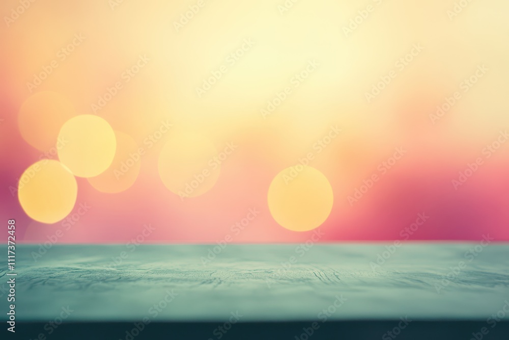 Poster a blurred background with soft bokeh lights and a wooden surface in the foreground.