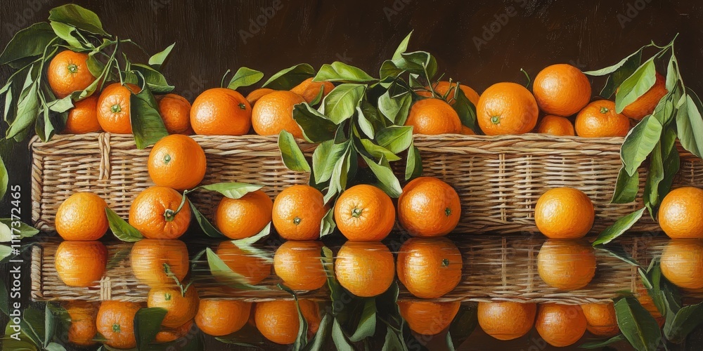 Poster a vibrant scene featuring many tangerines arranged against a backdrop of wicker boxes, showcasing th