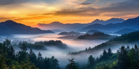 Obraz premium Sunrise illuminates a beautiful landscape of foggy mountains, creating a serene scene. The foggy mountains stand majestically as the sunrise casts a warm glow on the tranquil landscape.